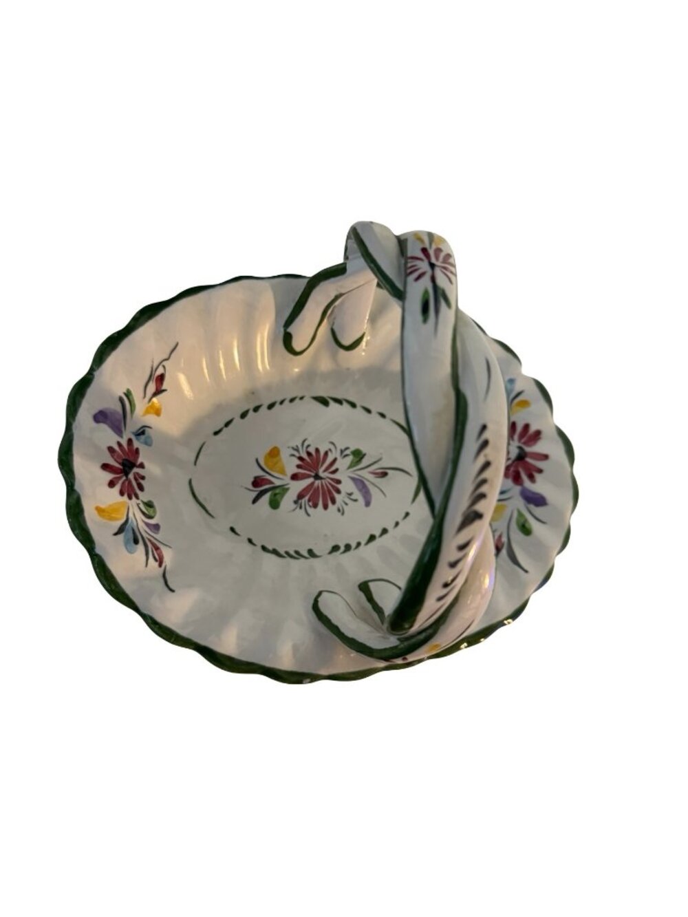 Vintage Portuguese Hand Painted Ceramic Basket Dish Floral Faience Pottery 7x5.5